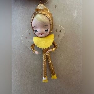 Vintage Mini Pixie Angel Girl Christmas Ornament Sparkly Gold